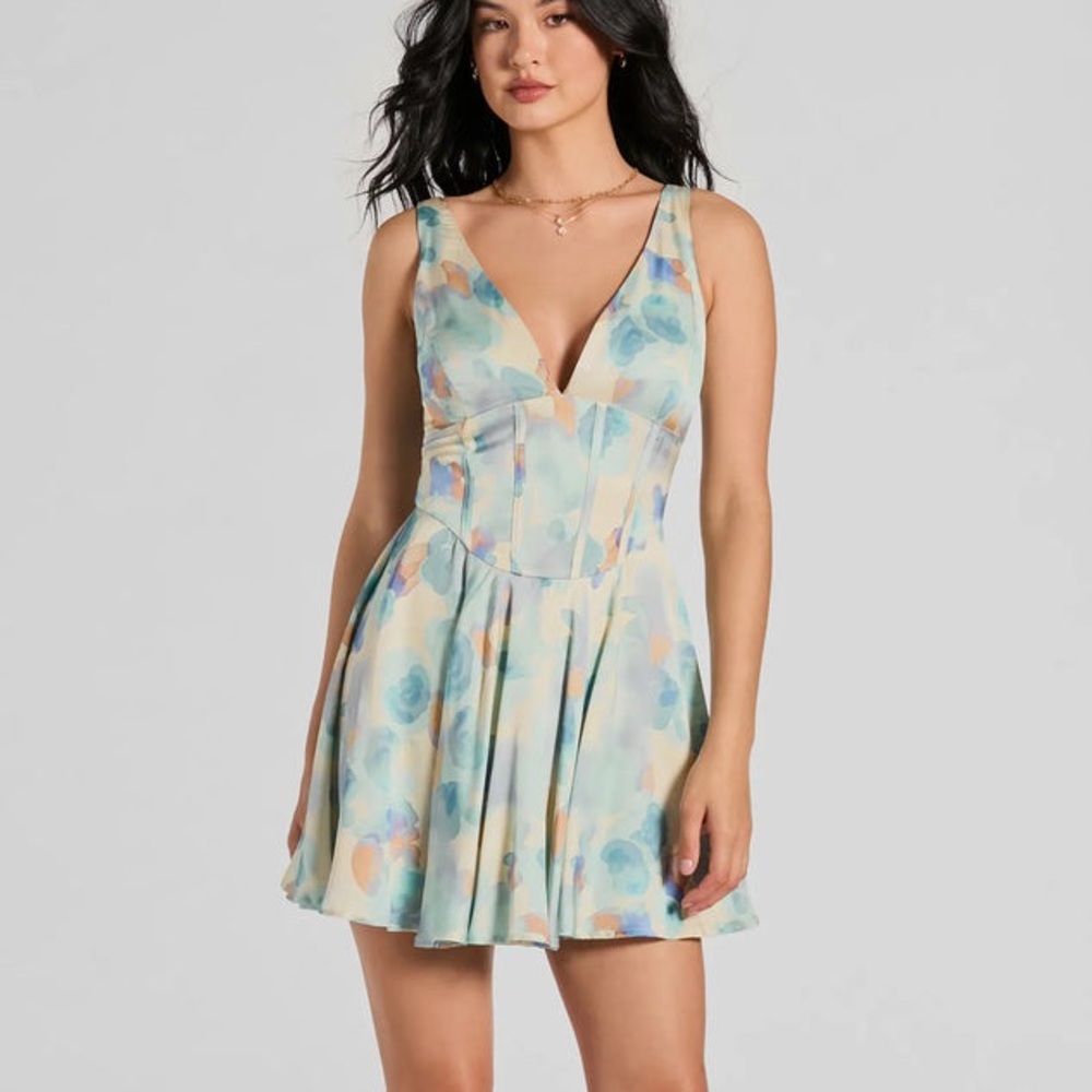 Constant Sensation V-Neck Corset Satin Skater Dress